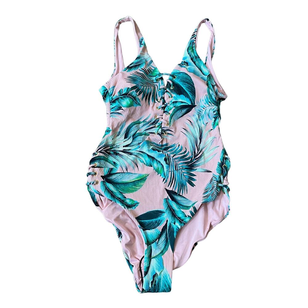 NWOT One Piece Bathing Suit Pink Tropical Leaves S